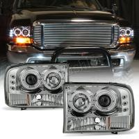 Ford Excursion (00-05) фары передние линзовые хромированные со светящимися ободками, со светодиодной подсветкой, комплект 2 шт.